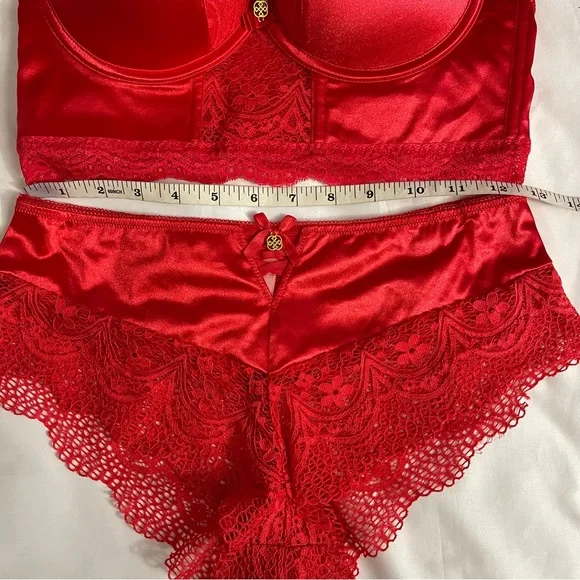 Red satin lace  long line bra and panty two piece set - Picture 7 of 7